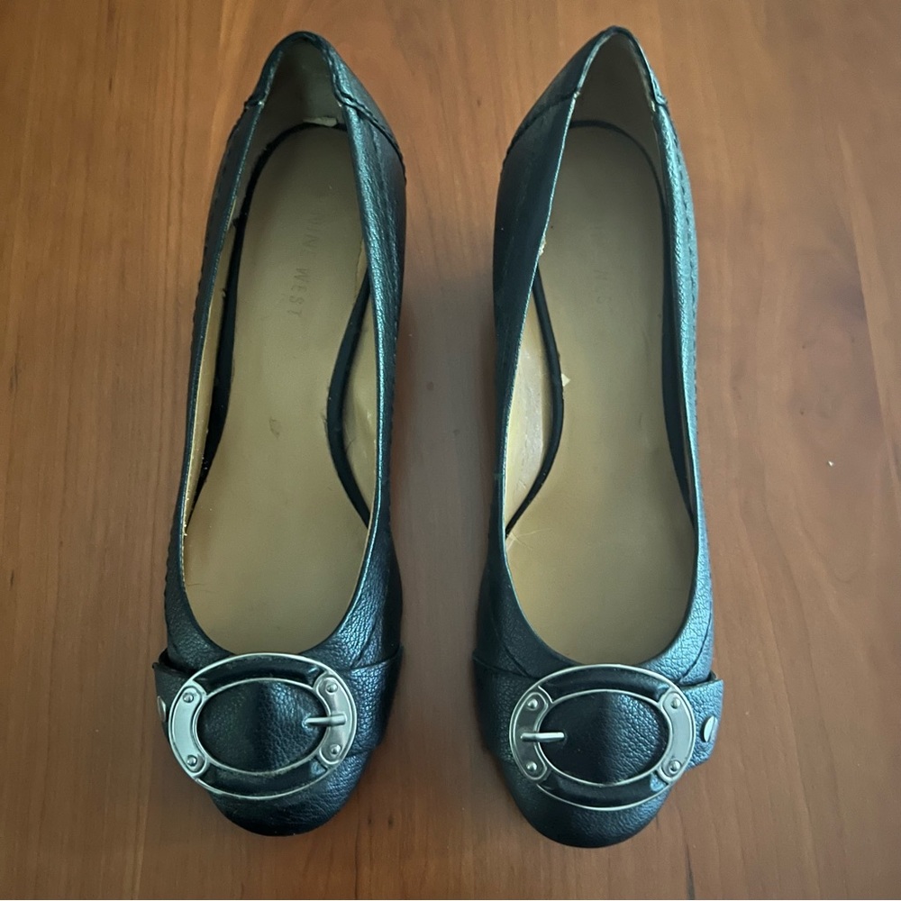NINE WEST BLACK LEATHER WEDGE HEELS WITH ROUND TOES